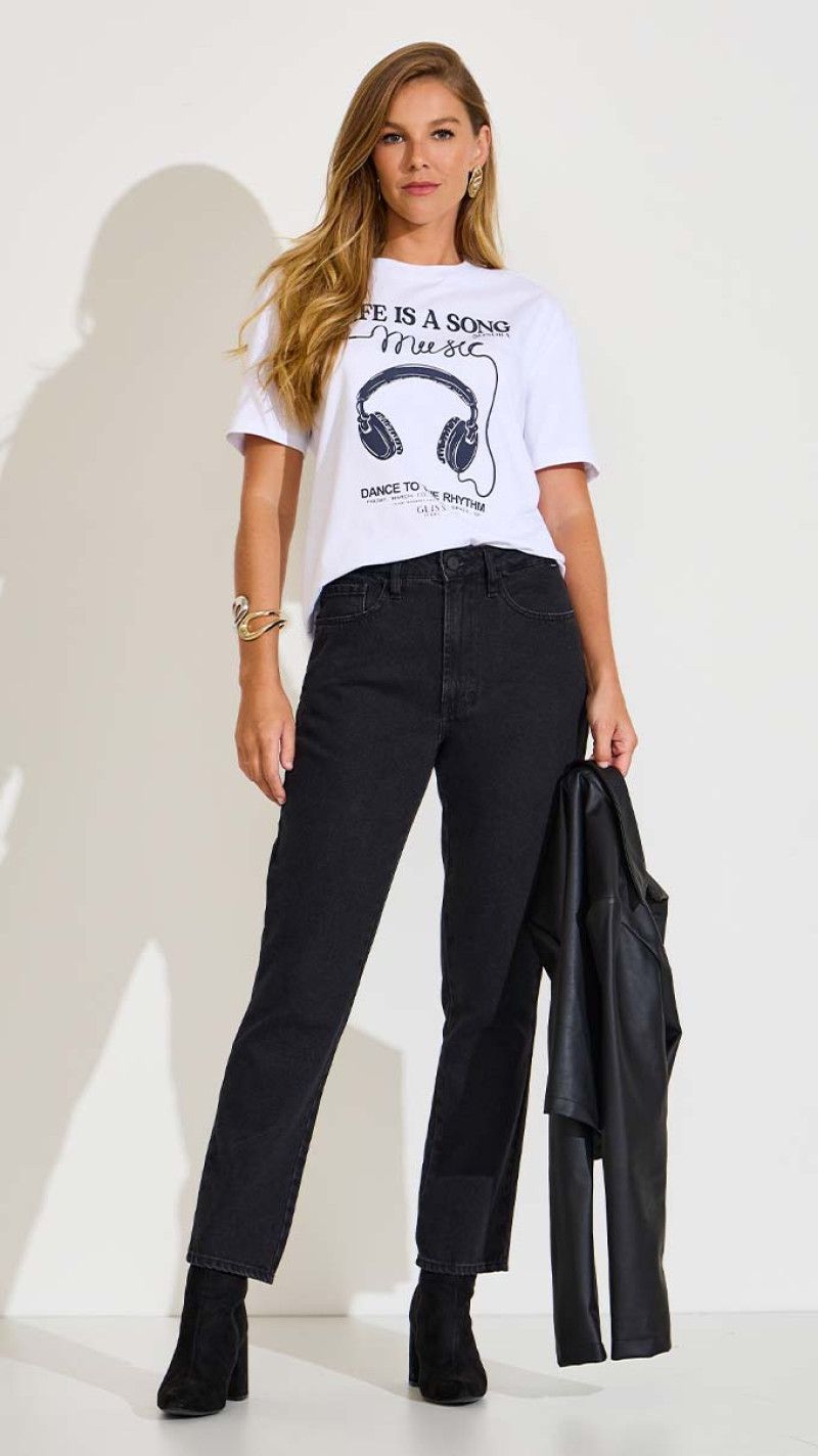 CALÇA JEANS MOM CINTURA ALTA PRETA