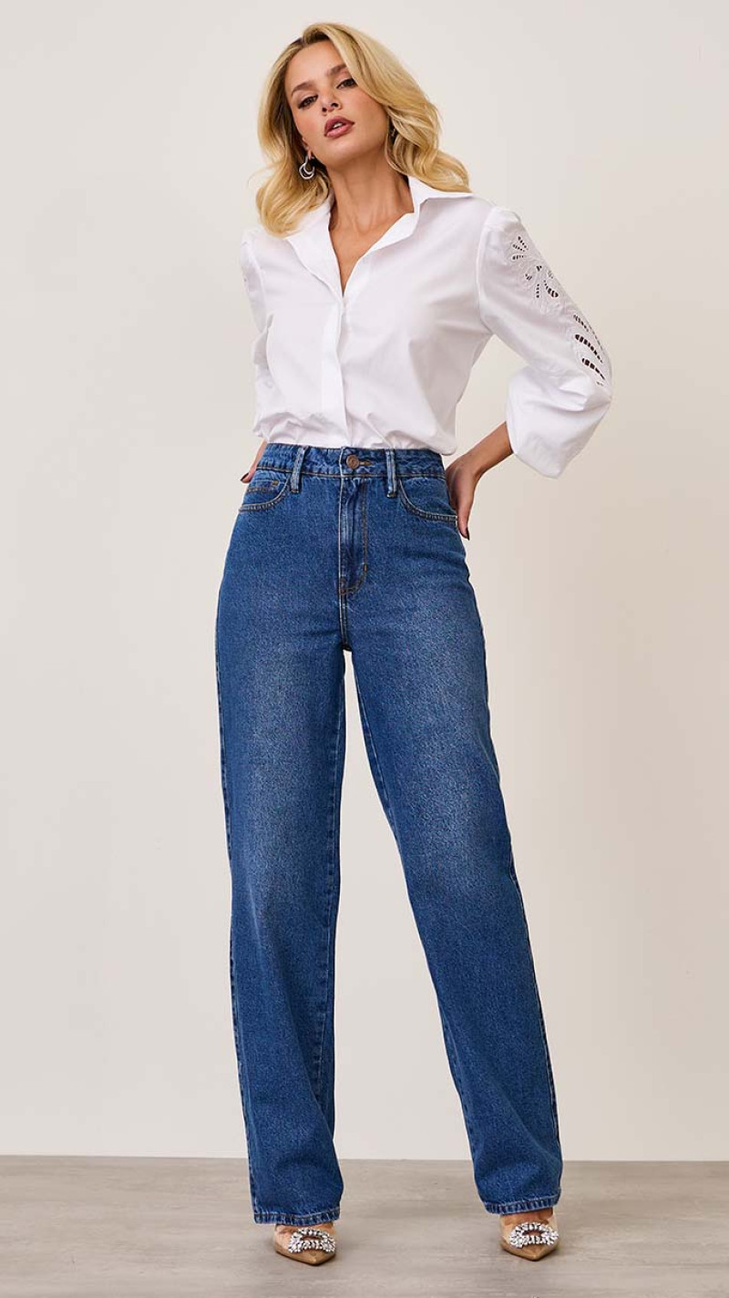 CALÇA JEANS WIDE LEG BOLSO RELÓGIO