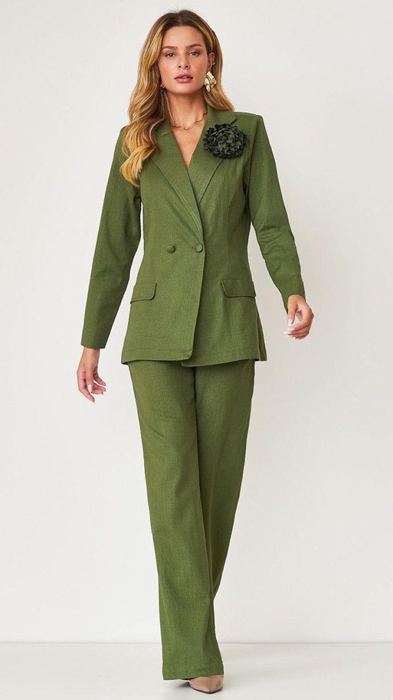 CALÇA WIDE LEG ALFAIATARIA EM LINHO VERDE OLIVA