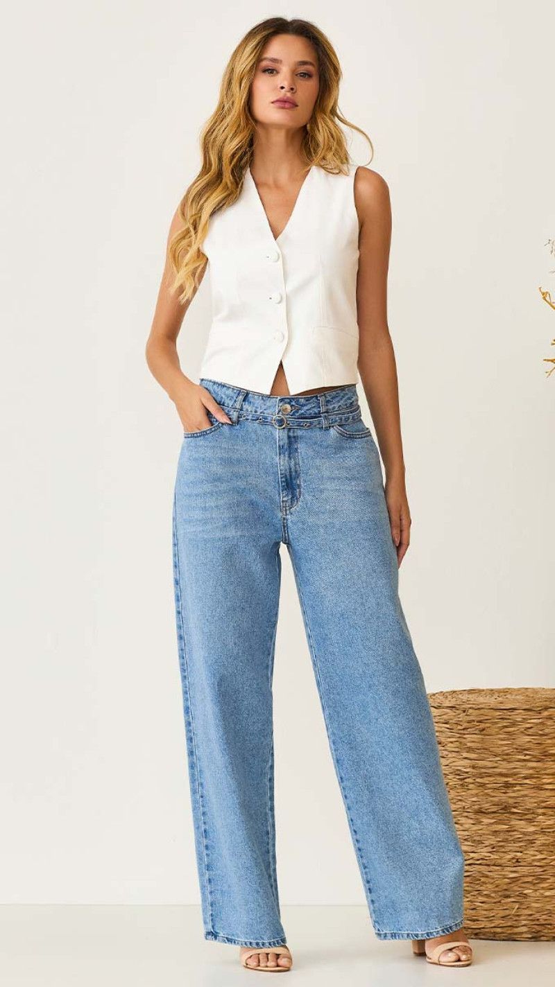 CALÇA JEANS JUMBO CLARA COM CINTO