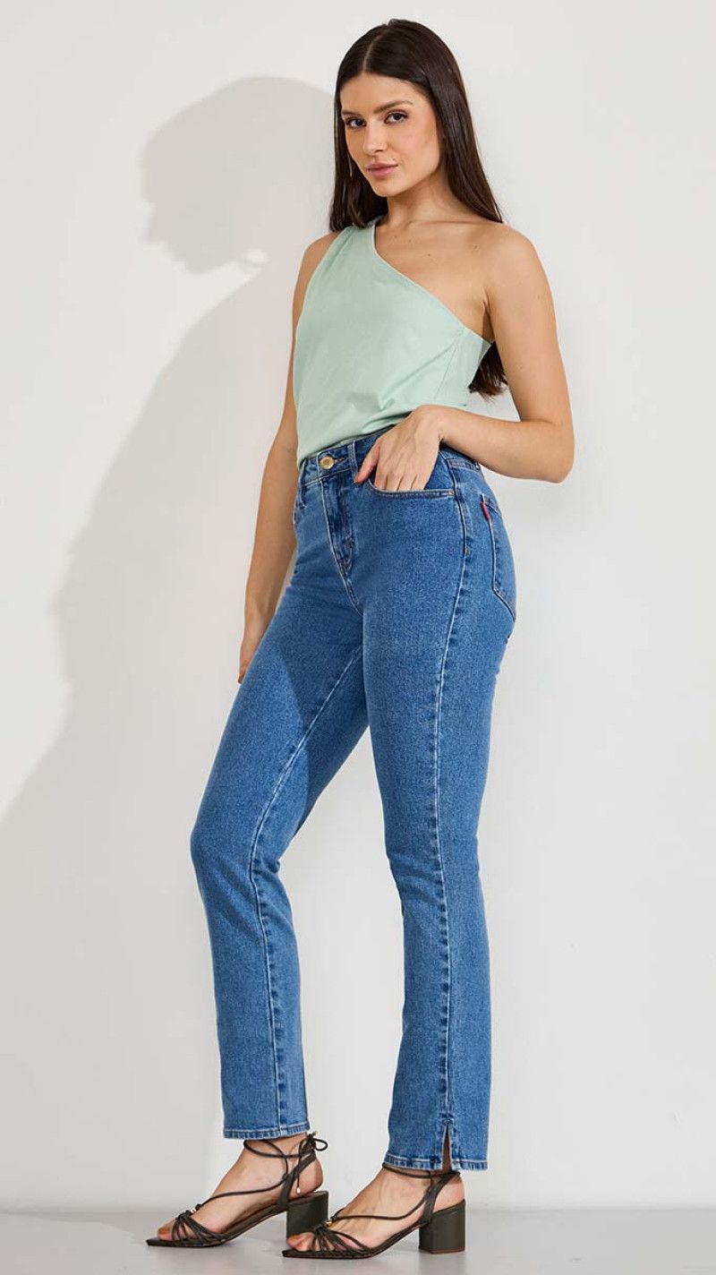 CALÇA JEANS RETA ABERTURA LATERAL