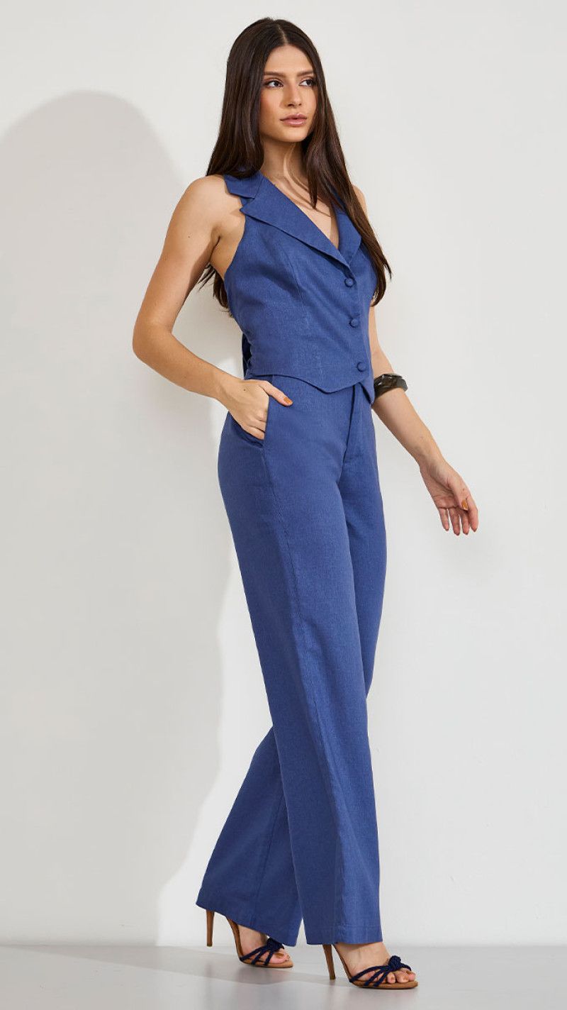 CALÇA WIDE LEG LINHO ALFAIATARIA AZUL