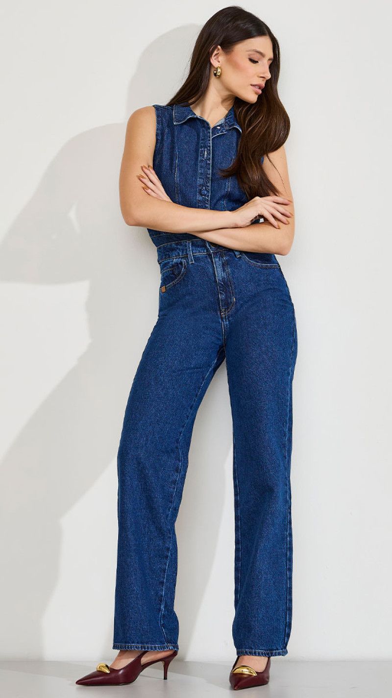 CALÇA JEANS WIDE LEG BOLSO RELÓGIO