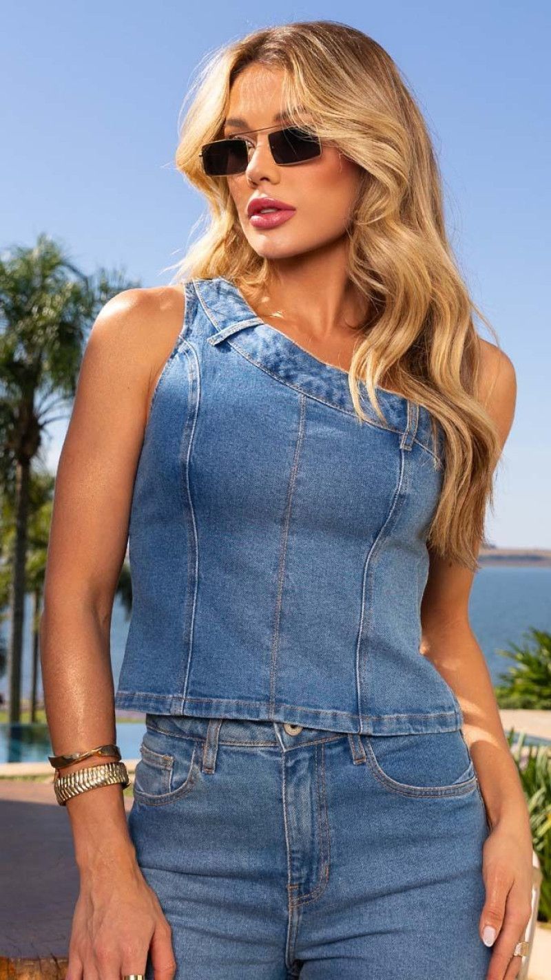 BLUSA CROPPED JEANS UM OMBRO SÓ