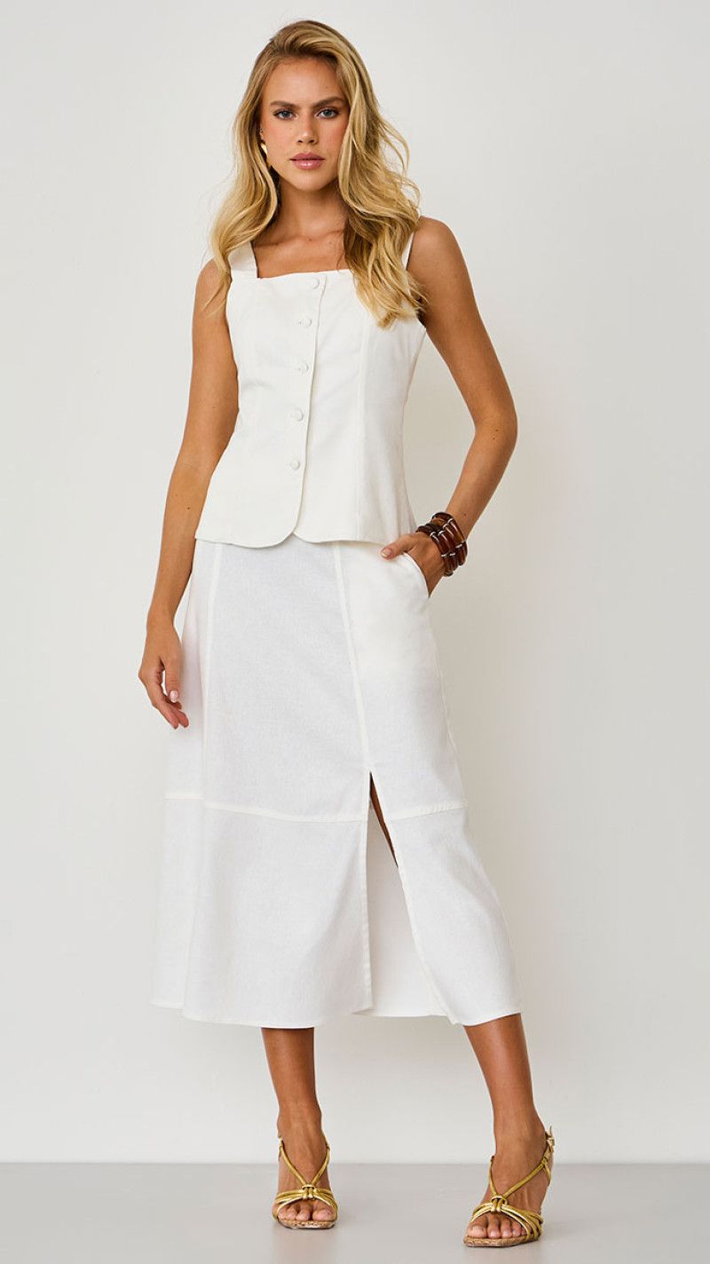 SAIA MIDI DE LINHO ELEGANCE OFF WHITE