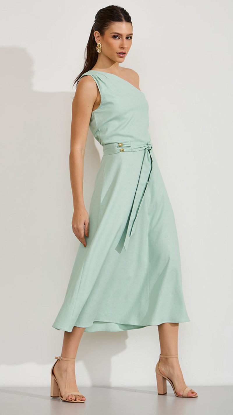 VESTIDO OMBRO SÓ COM CINTO VERDE MENTA