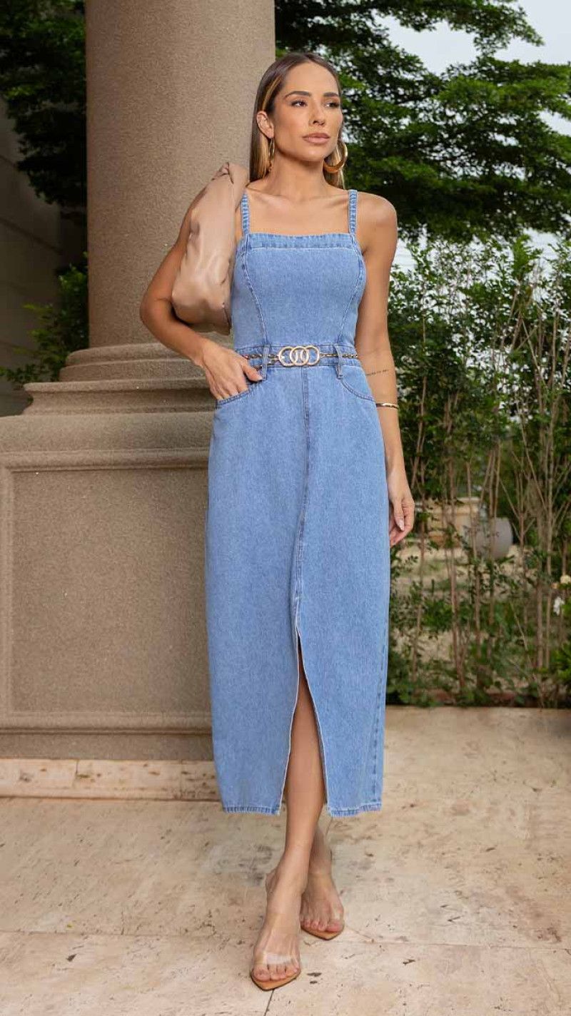 VESTIDO JEANS MIDI COM FENDA FRONTAL