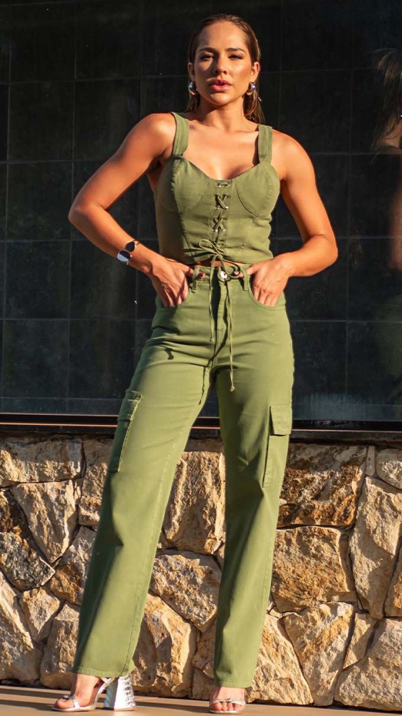 CALÇA JEANS RETA CARGO VERDE