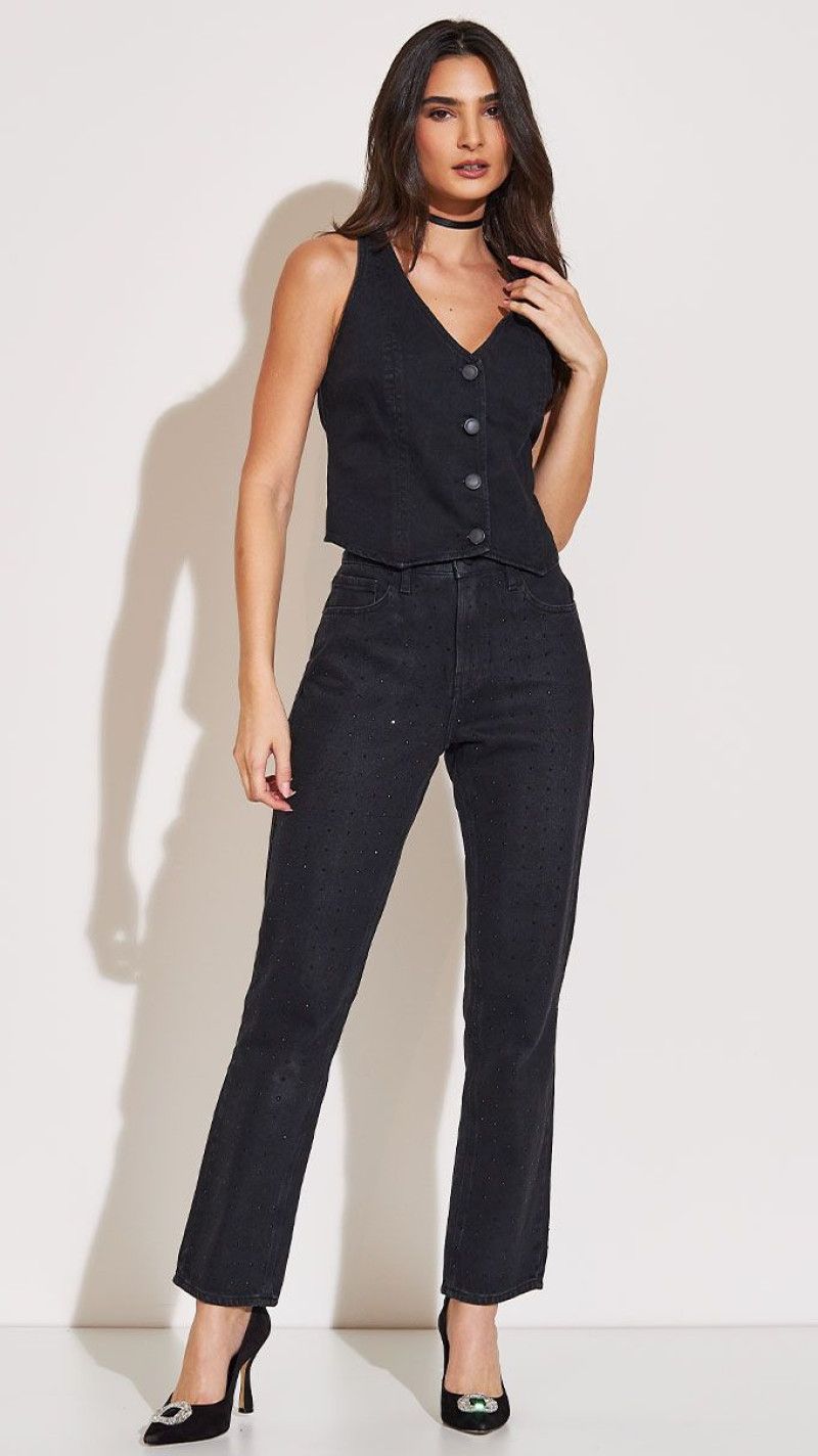 CALÇA JEANS RETA PRETA COM STRASS