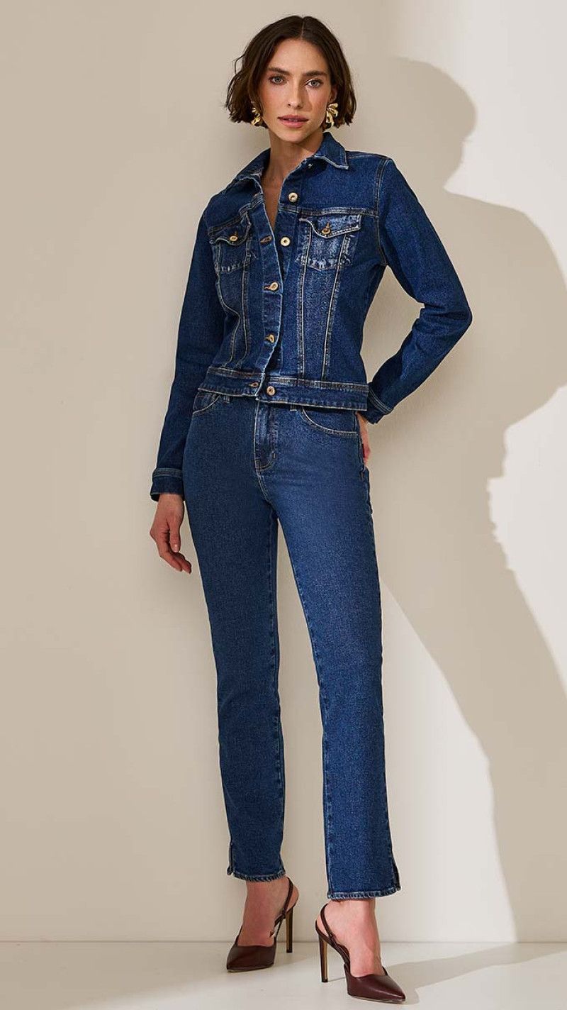 CALÇA JEANS RETA ESCURA ABERTURA LATERAL