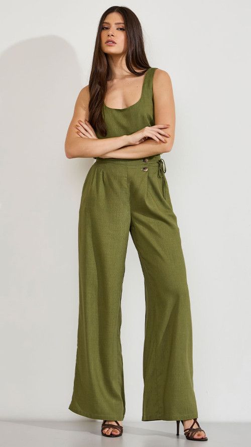 CALÇA MAXI WIDE LINHO VERDE OLIVA
