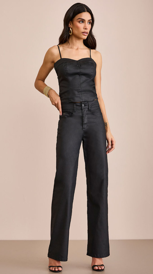 CALÇA JEANS RESINADA WIDE LEG PRETA