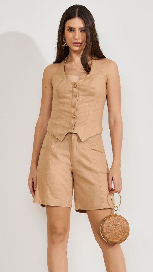 BERMUDA DE LINHO ALFAIATARIA BEGE