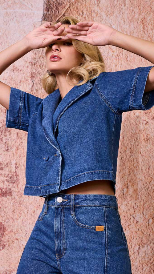 CAMISA JEANS CROPPED MANGA CURTA