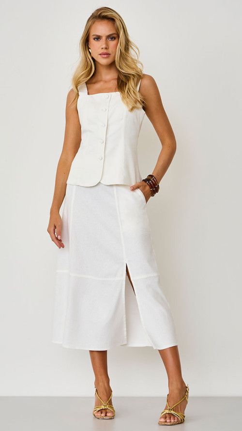 SAIA MIDI DE LINHO ELEGANCE OFF WHITE