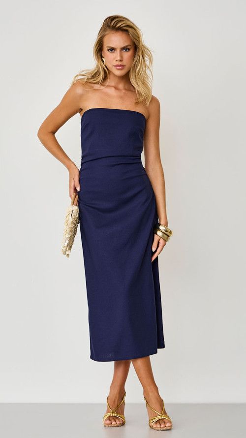 VESTIDO DE LINHO MIDI ELEGANCE AZUL