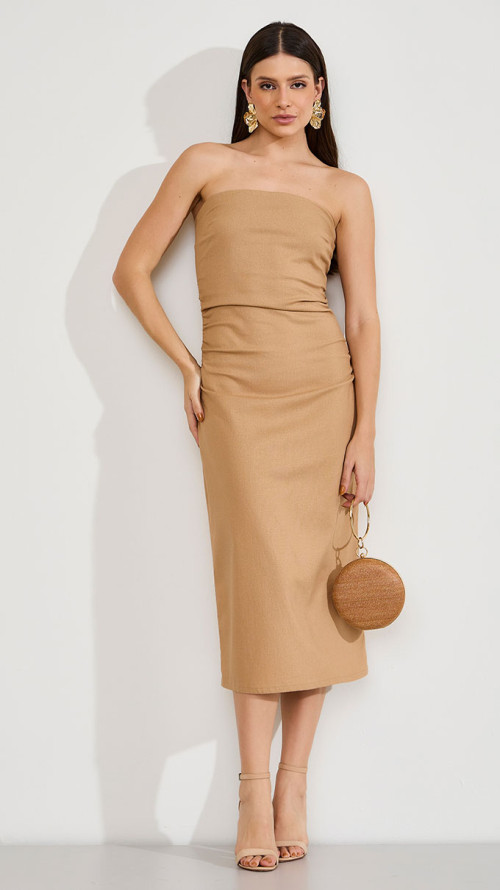 VESTIDO DE LINHO MIDI ELEGANCE BEGE