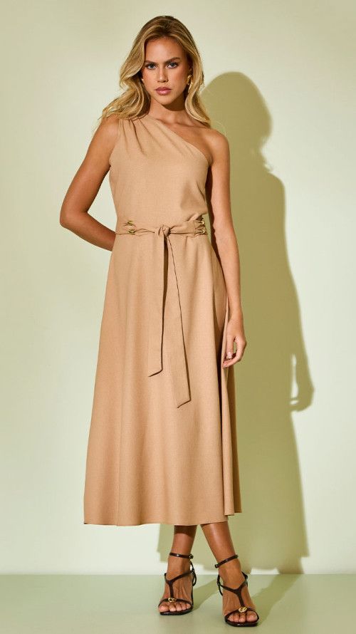 VESTIDO OMBRO SÓ COM CINTO BEGE