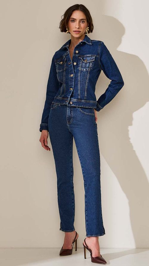 CALÇA JEANS RETA ESCURA ABERTURA LATERAL