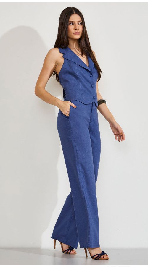 CALÇA WIDE LEG LINHO ALFAIATARIA AZUL