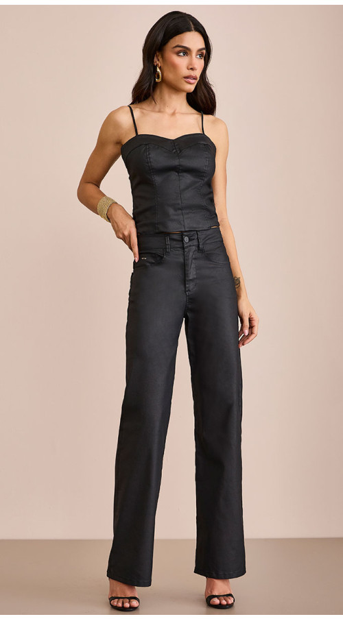 CALÇA JEANS RESINADA WIDE LEG PRETA