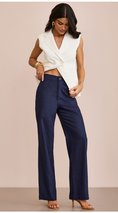 CALÇA LINHO WIDE LEG ALFAIATARIA AZUL