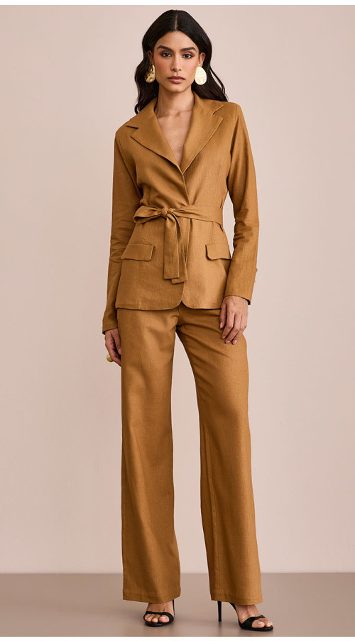 CALÇA LINHO WIDE LEG ALFAIATARIA CARAMELO