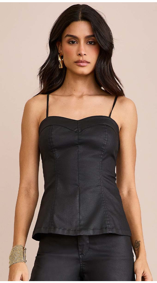 BLUSA JEANS RESINADA PEPLUM PRETA