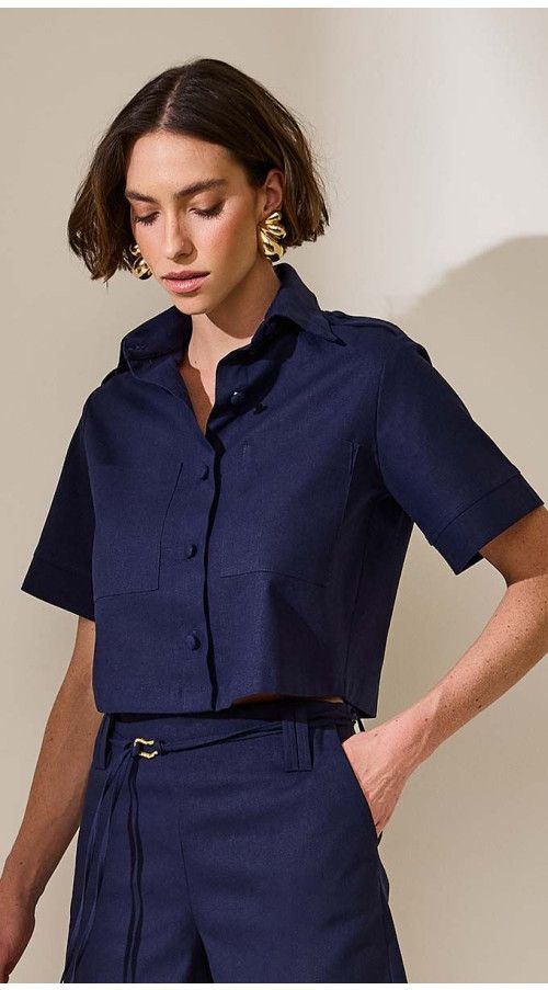 CAMISA LINHO MANGA CURTA AZUL NOITE