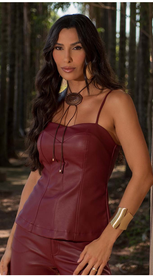 BLUSA COURO ECO PEPLUM BORDÔ