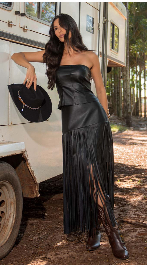 SAIA COURO ECO LONGA PRETA FRANJA