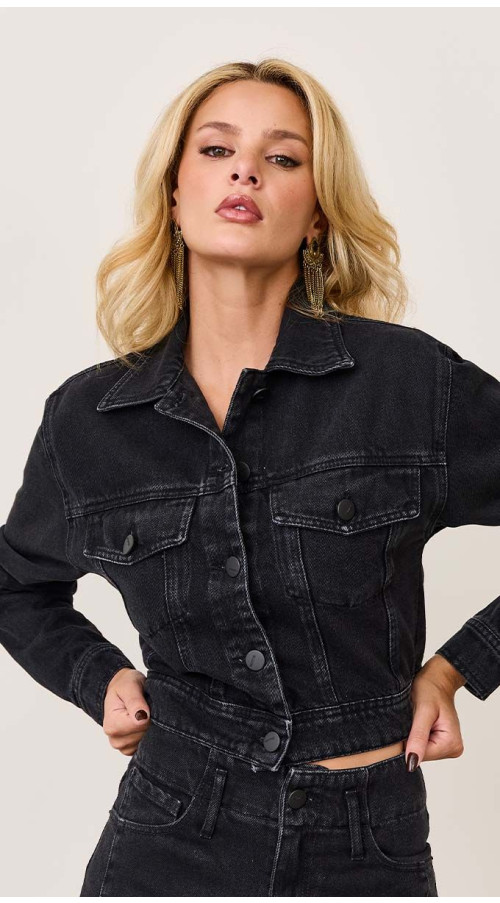 JAQUETA JEANS CROPPED PRETA
