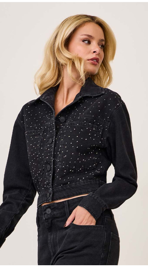 JAQUETA JEANS CROPPED PRETA STRASS