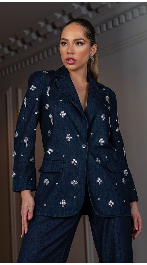 BLAZER JEANS ESCURO ALONGADO COM BORDADO - GLISS