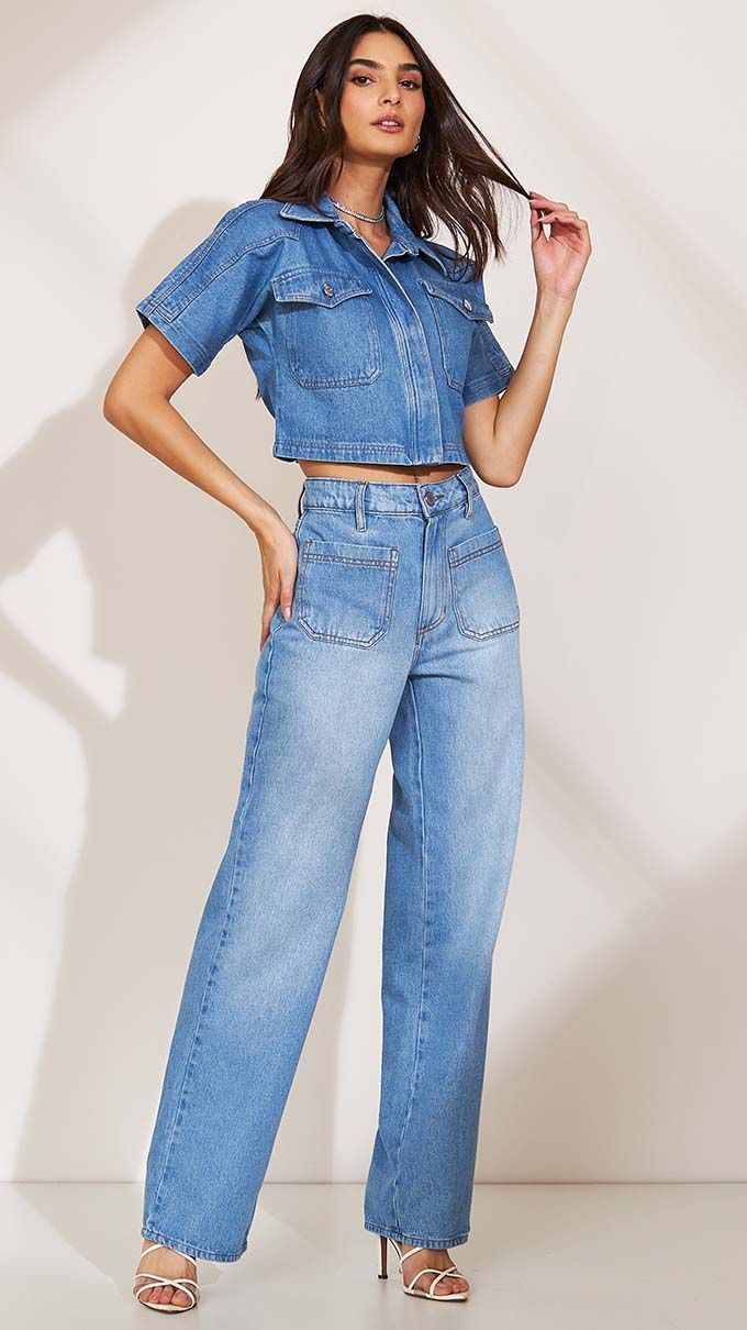 CALÇA JEANS WIDE LEG BOLSOS FRONTAIS Calças Buccanes