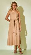VESTIDO OMBRO SÓ COM CINTO BEGE