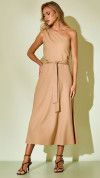 VESTIDO OMBRO SÓ COM CINTO BEGE