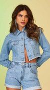 JAQUETA CROPPED JEANS COM STRASS