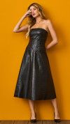 VESTIDO MIDI GODÊ STRAPLESS COURO PRETO